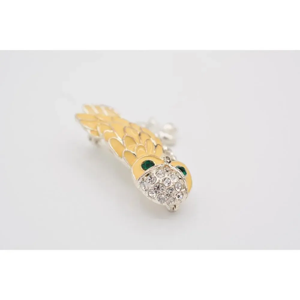 Vintage Owl Pin Brooch Rhinestone Crystal Green Cream Enamel Silver Shiny BinAT